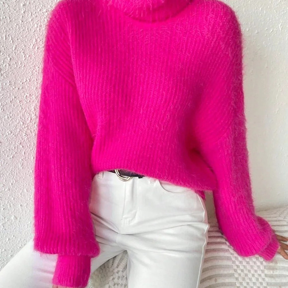Hot Pink Casual Women's Turtleneck Drop Shoulder Fuzzy Sweater - Picture 6 of 6